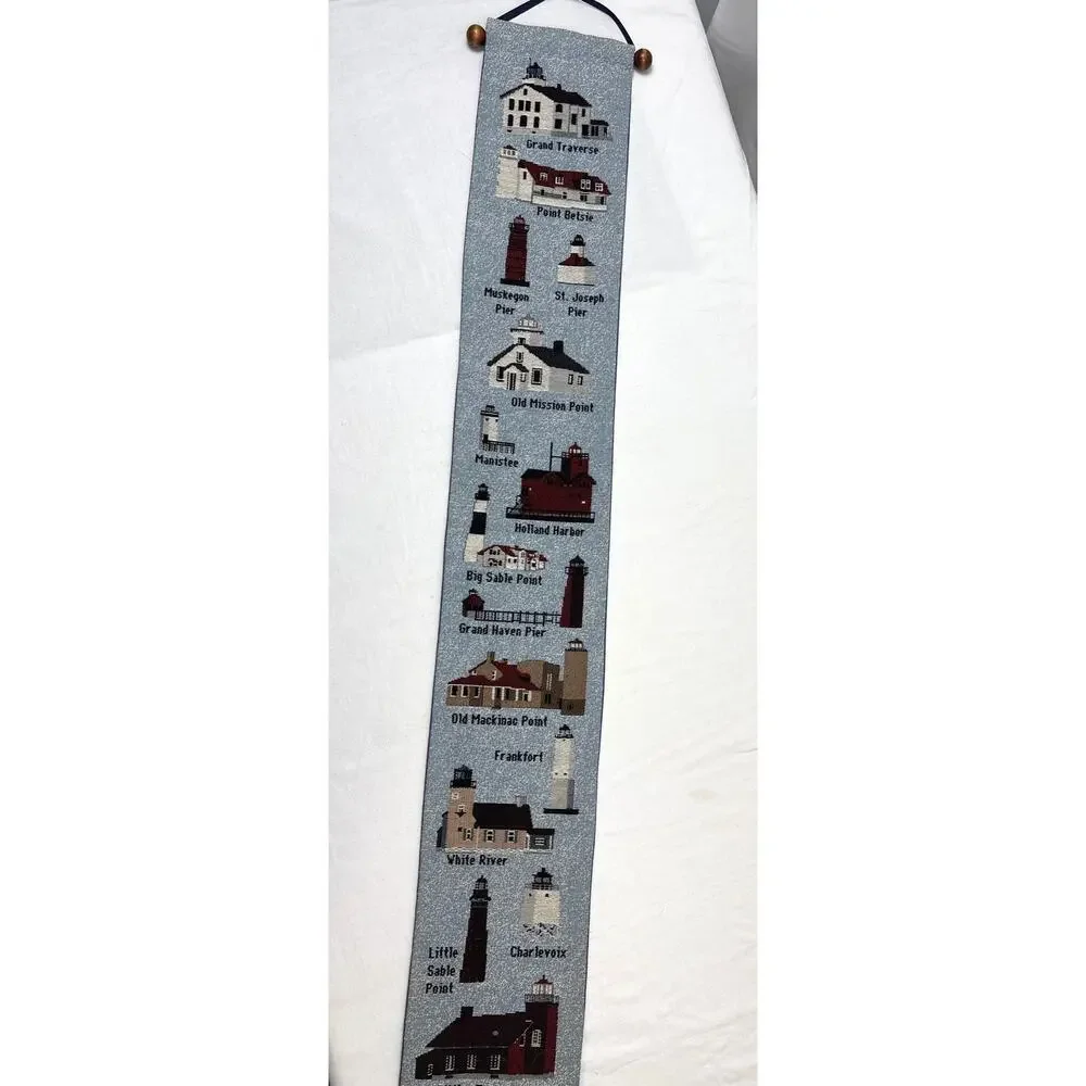 Vintage Woven Tapestry Wall Hanging Michigan Lighthouses Cottage Costal Decor